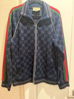 Gucci Blue GG Monogram Zip Track Jacket with Red & Green Stripes
